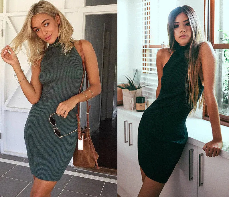 Knitting High-Neck Sleeveless Bodycon Short Dress