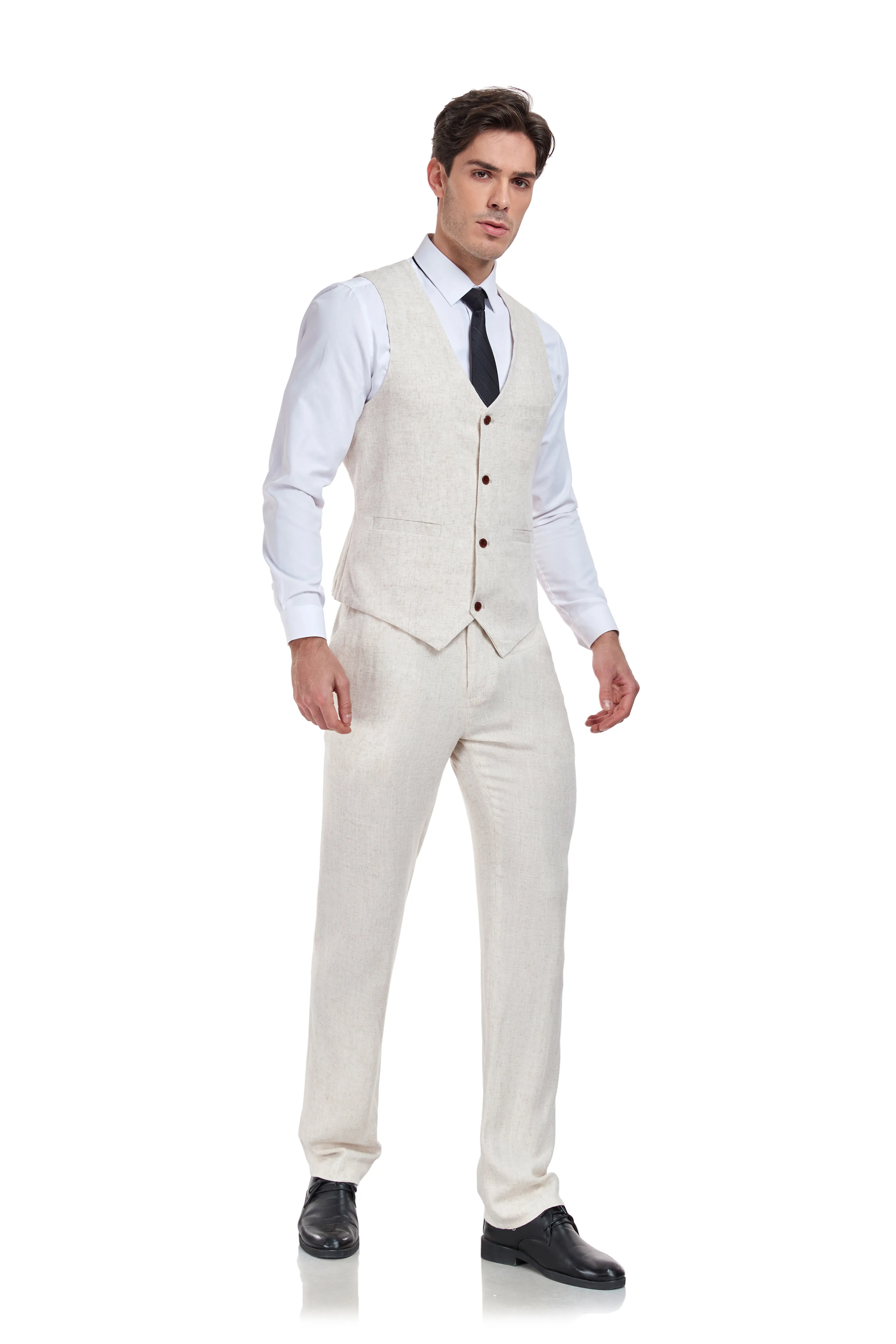 Linen 2 Pieces Vest Pants Set V-Neck Slim Fit Casual Waistcoat Suit