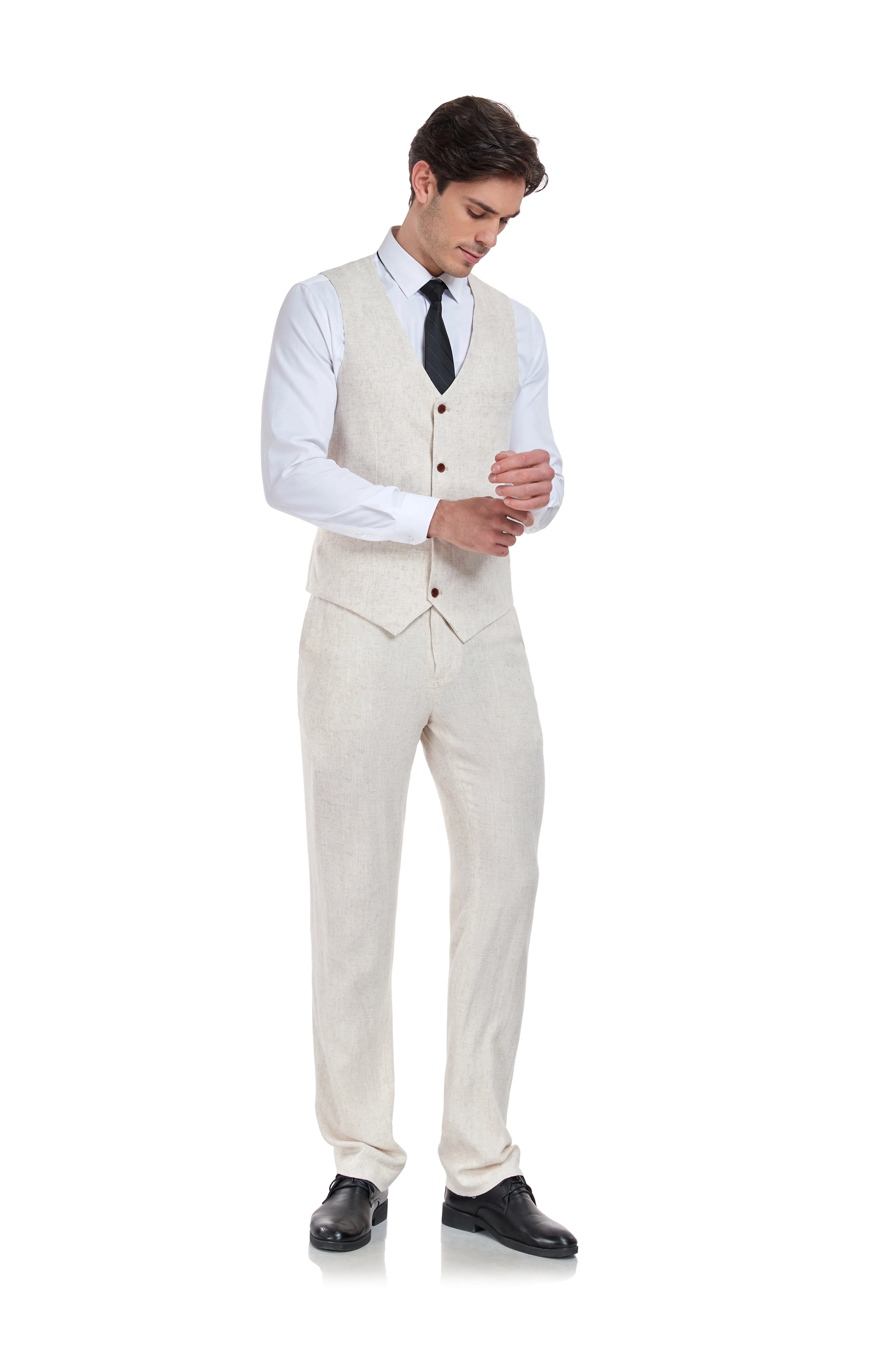 Linen 2 Pieces Vest Pants Set V-Neck Slim Fit Casual Waistcoat Suit