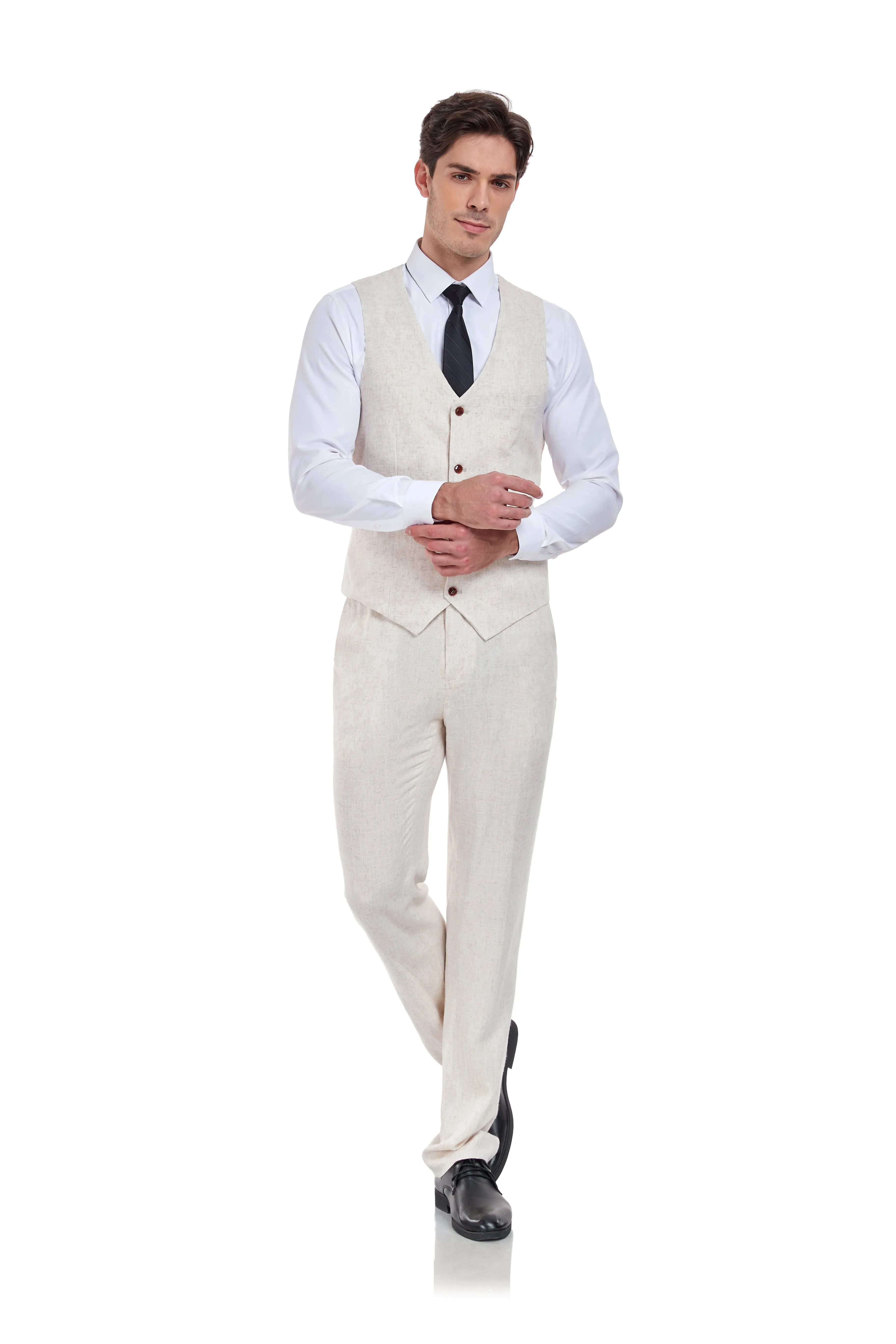 Linen 2 Pieces Vest Pants Set V-Neck Slim Fit Casual Waistcoat Suit