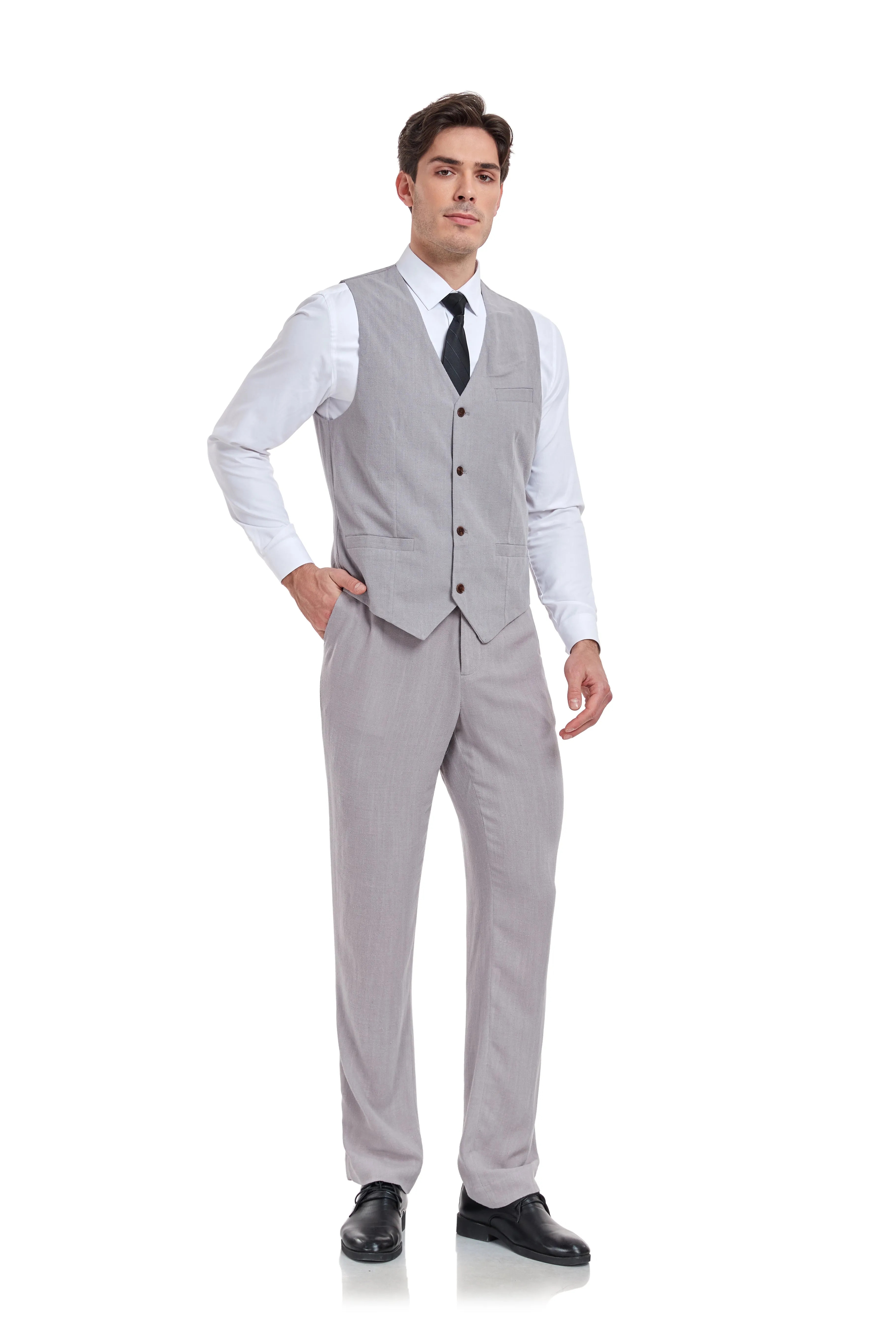 Linen 2 Pieces Vest Pants Set V-Neck Slim Fit Casual Waistcoat Suit
