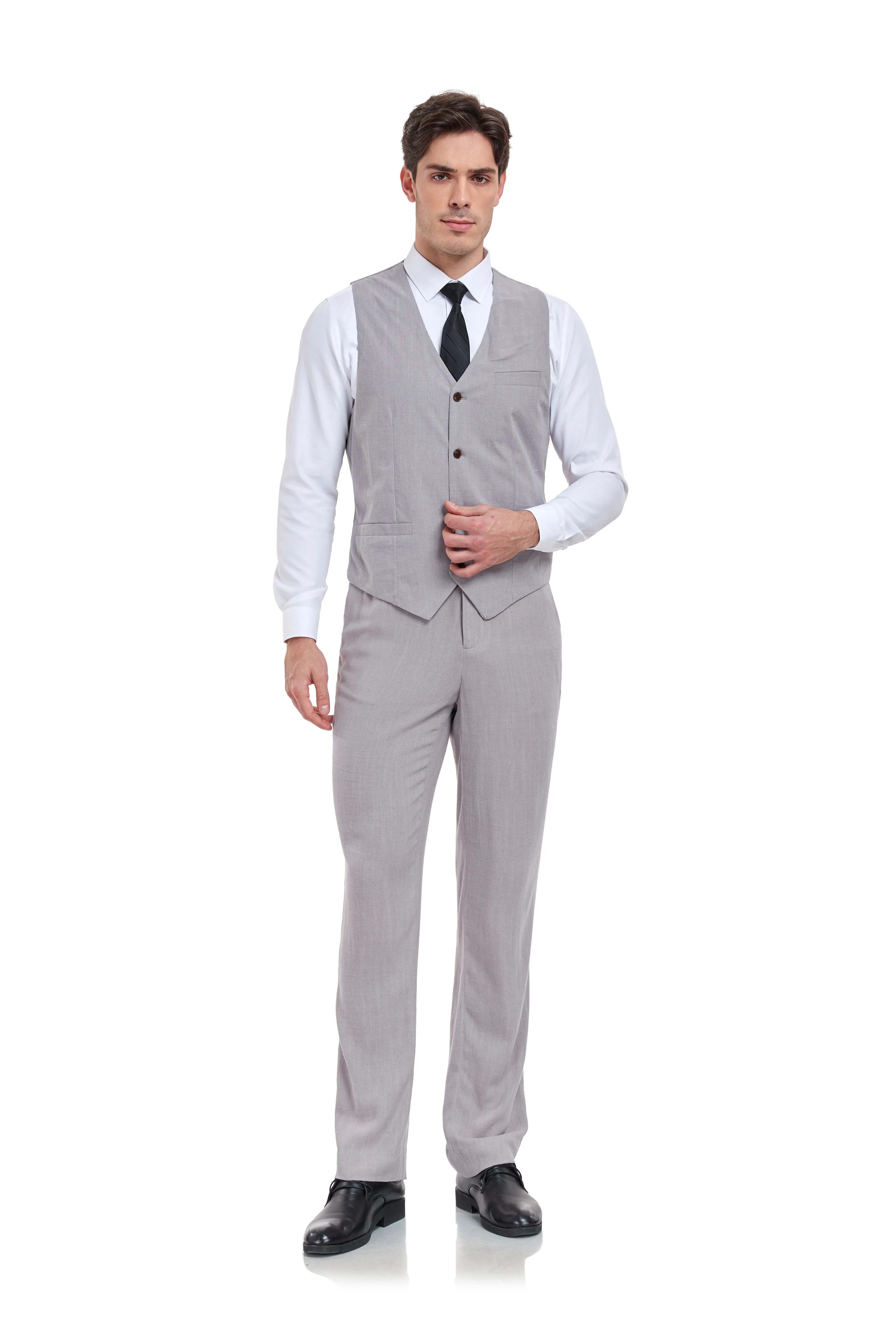 Linen 2 Pieces Vest Pants Set V-Neck Slim Fit Casual Waistcoat Suit