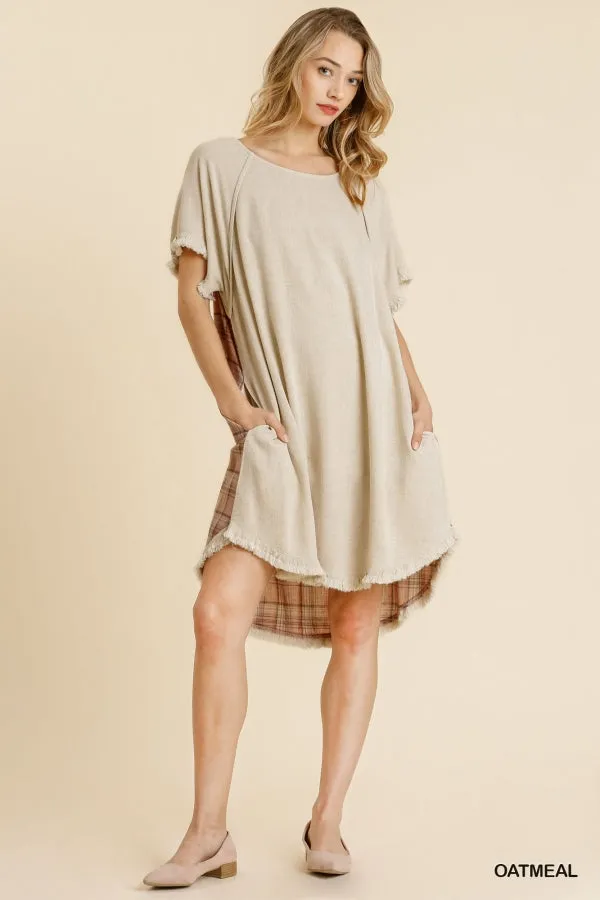 Linen Blend Plaid Round Neck Short Sleeve Dress