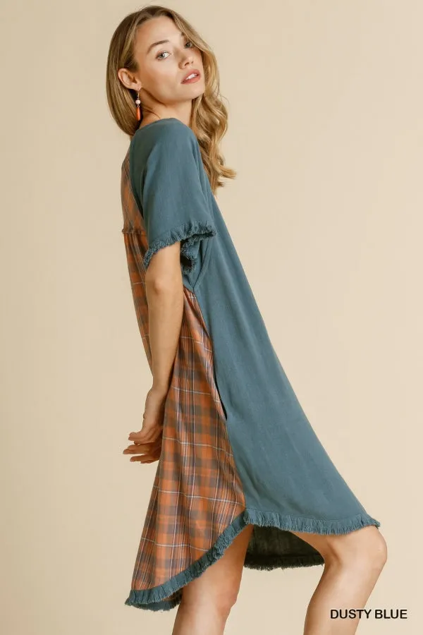 Linen Blend Plaid Round Neck Short Sleeve Dress