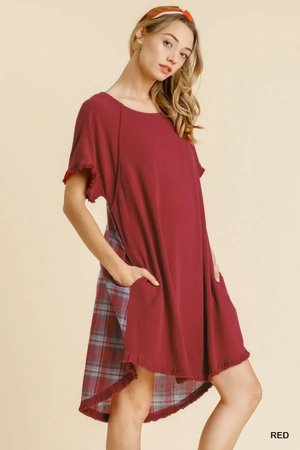 Linen Blend Plaid Round Neck Short Sleeve Dress