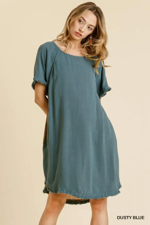 Linen Blend Plaid Round Neck Short Sleeve Dress