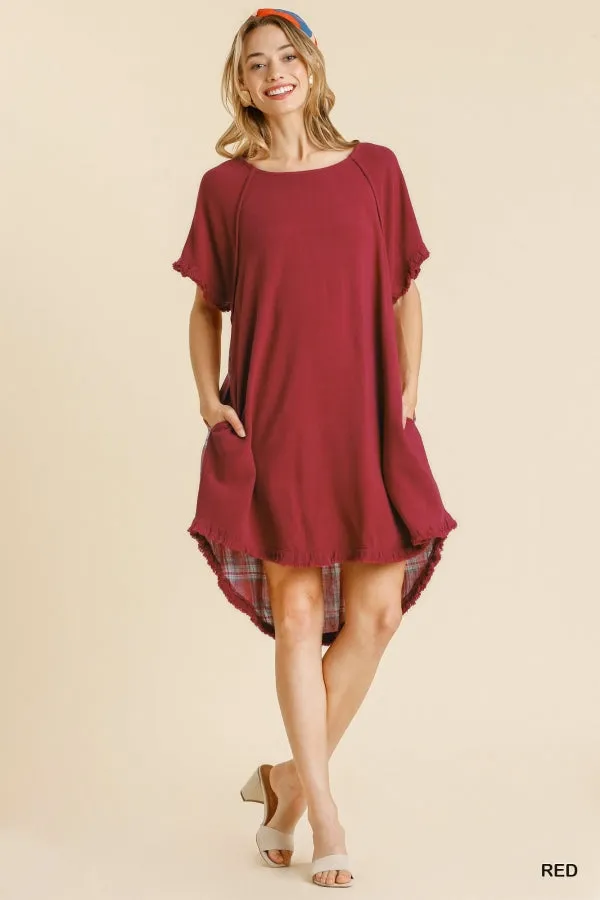 Linen Blend Plaid Round Neck Short Sleeve Dress