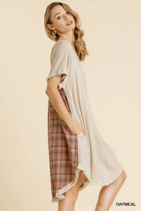 Linen Blend Plaid Round Neck Short Sleeve Dress