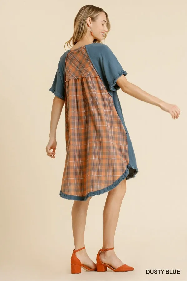 Linen Blend Plaid Round Neck Short Sleeve Dress