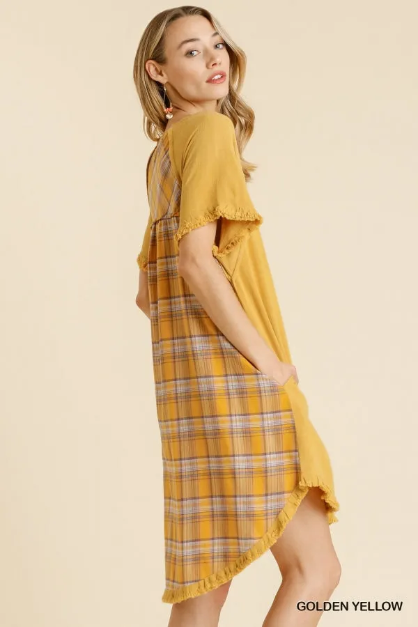 Linen Blend Plaid Round Neck Short Sleeve Dress