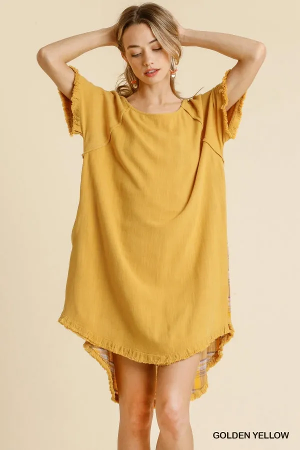 Linen Blend Plaid Round Neck Short Sleeve Dress