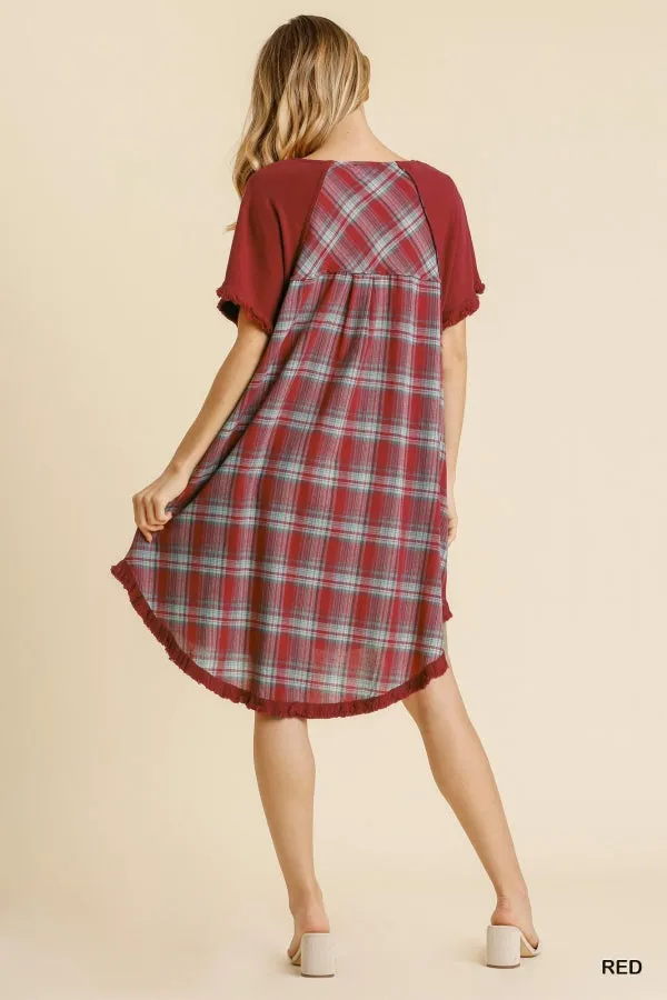 Linen Blend Plaid Round Neck Short Sleeve Dress