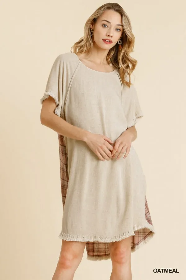 Linen Blend Plaid Round Neck Short Sleeve Dress