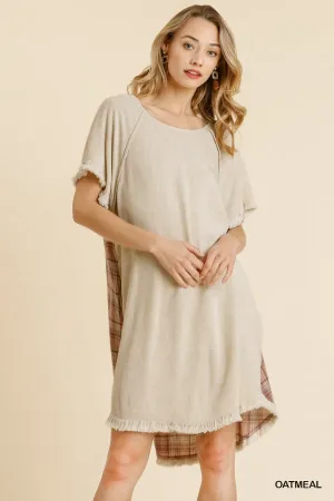 Linen Blend Plaid Round Neck Short Sleeve Dress