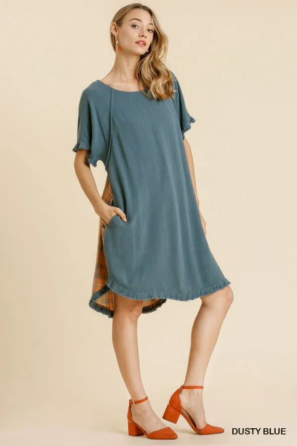 Linen Blend Plaid Round Neck Short Sleeve Dress