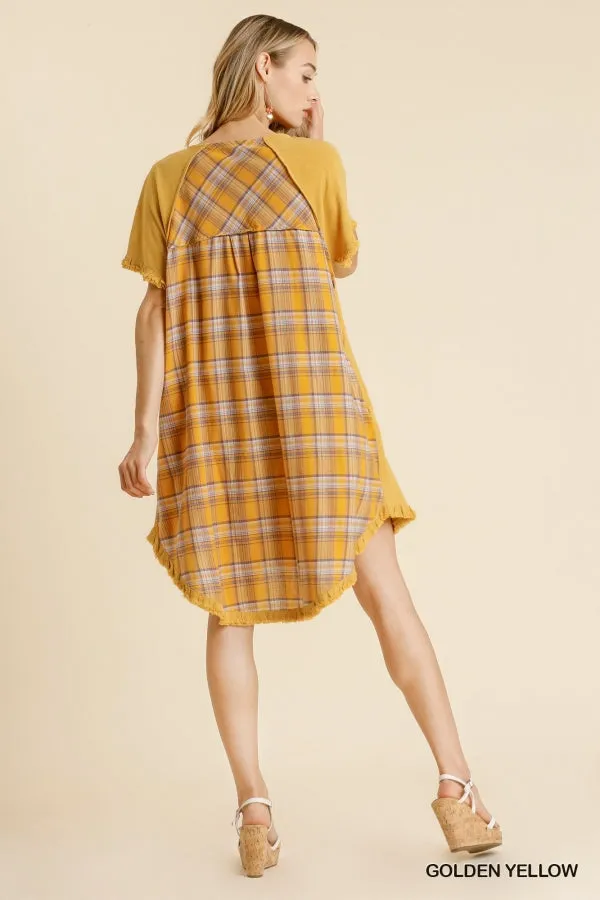 Linen Blend Plaid Round Neck Short Sleeve Dress