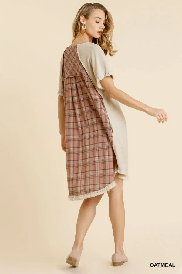 Linen Blend Plaid Round Neck Short Sleeve Dress