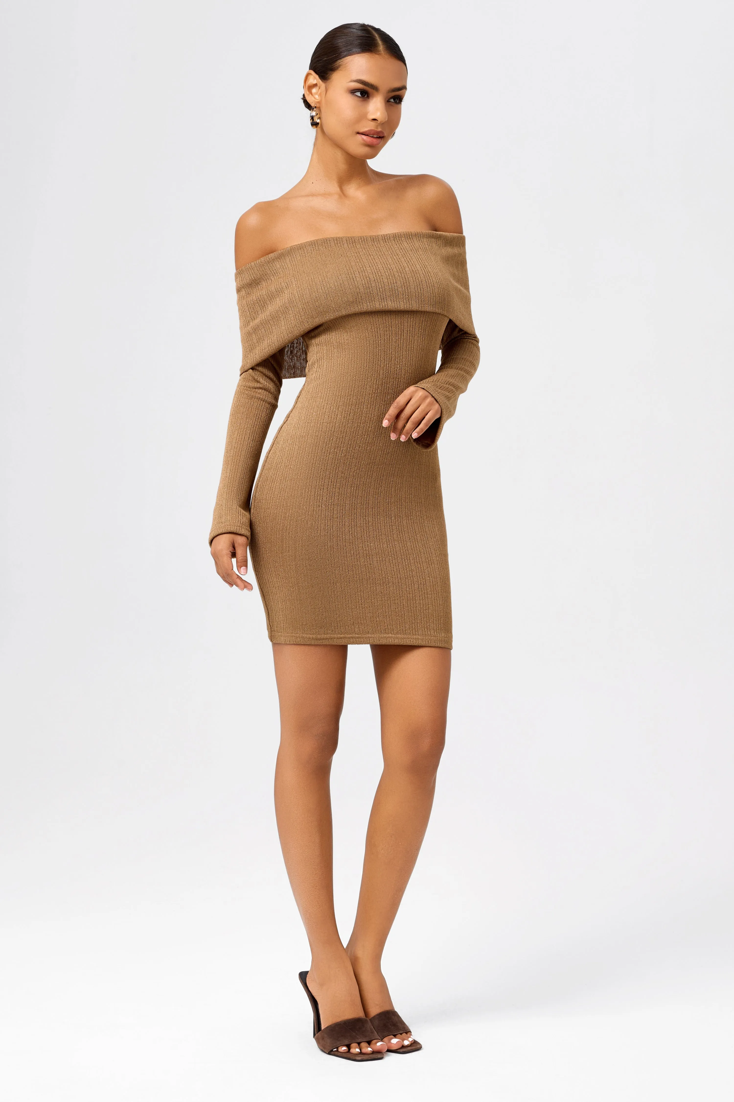 Long-Sleeve Off-Shoulder Bodycon Knit Mini Dress