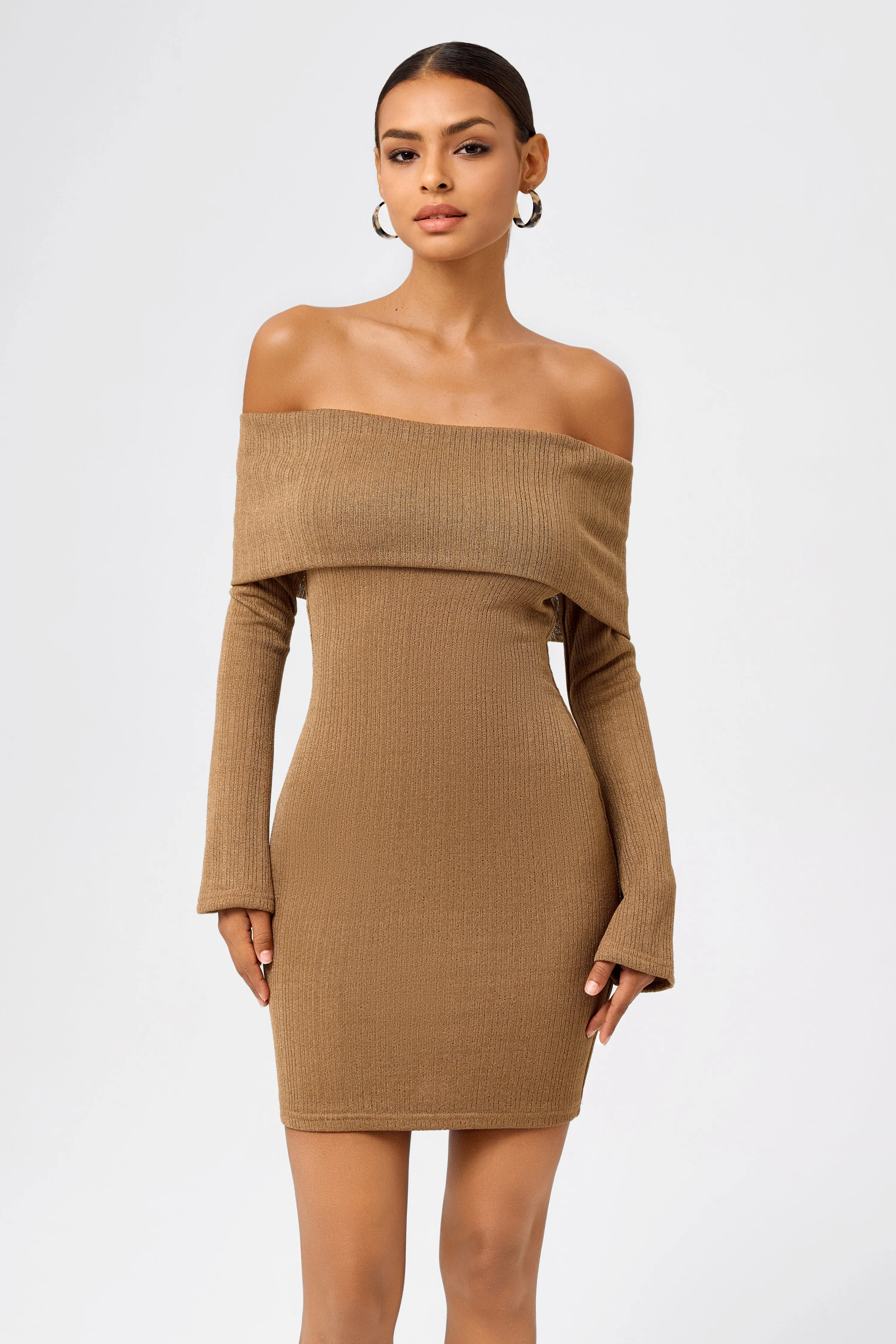 Long-Sleeve Off-Shoulder Bodycon Knit Mini Dress