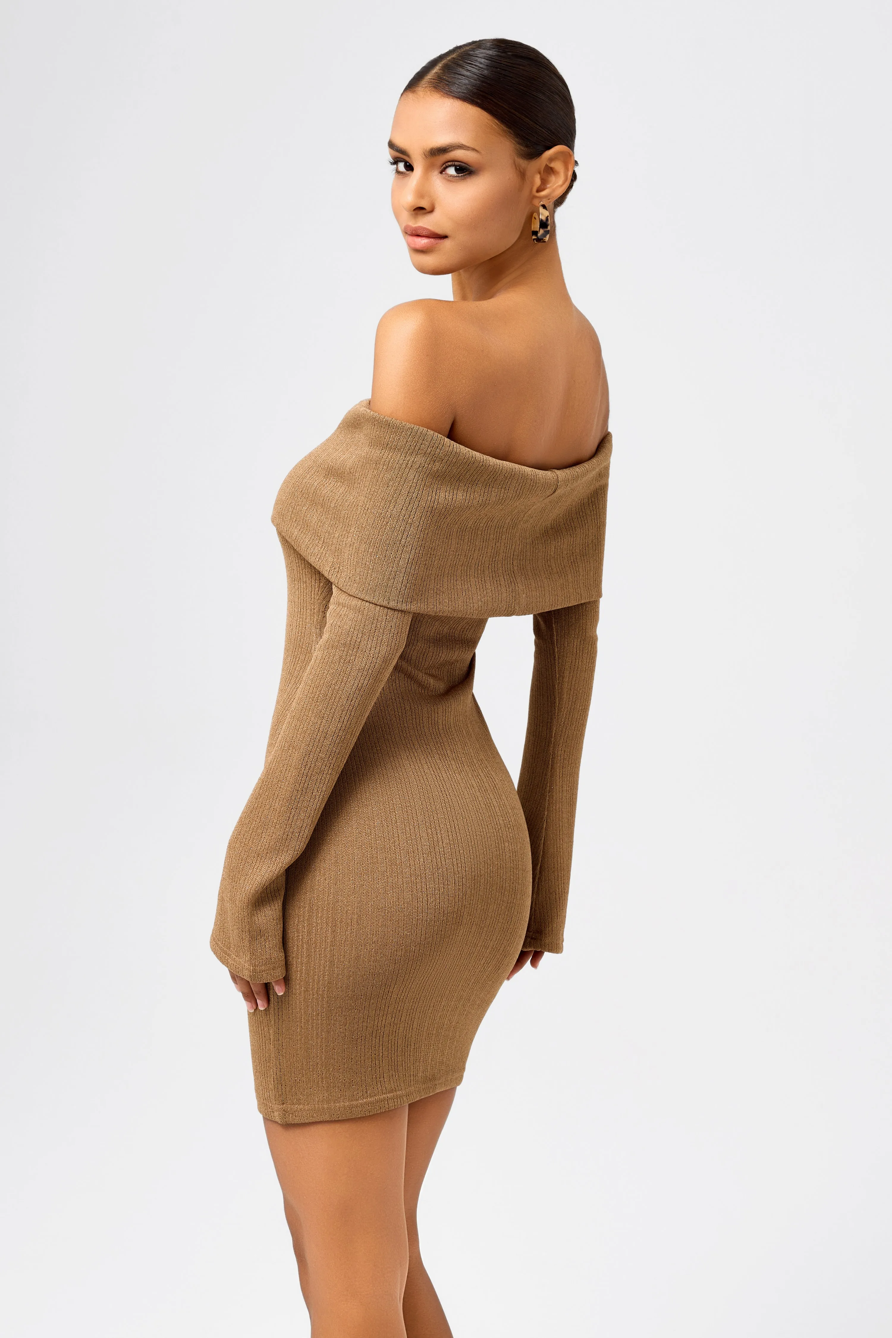 Long-Sleeve Off-Shoulder Bodycon Knit Mini Dress