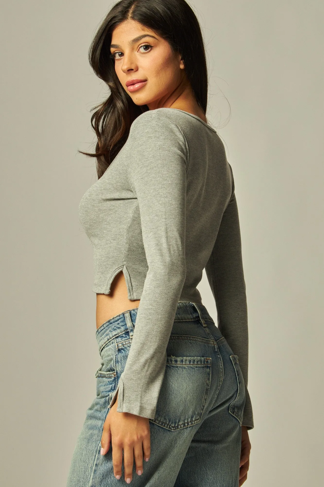 Long Sleeve Peek-a-boo Slit Button Up Cardigan Top - In 3 Colors