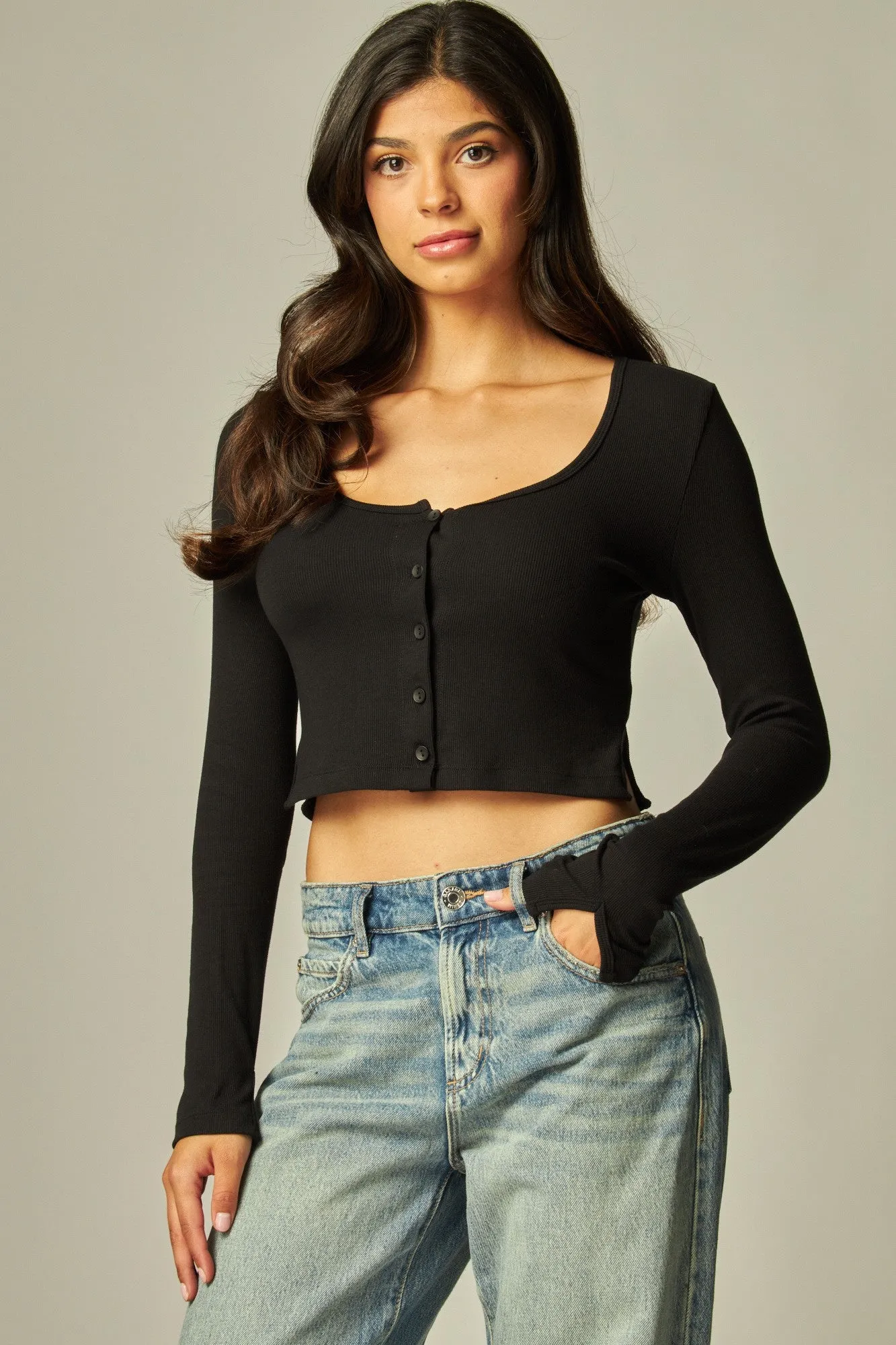 Long Sleeve Peek-a-boo Slit Button Up Cardigan Top - In 3 Colors