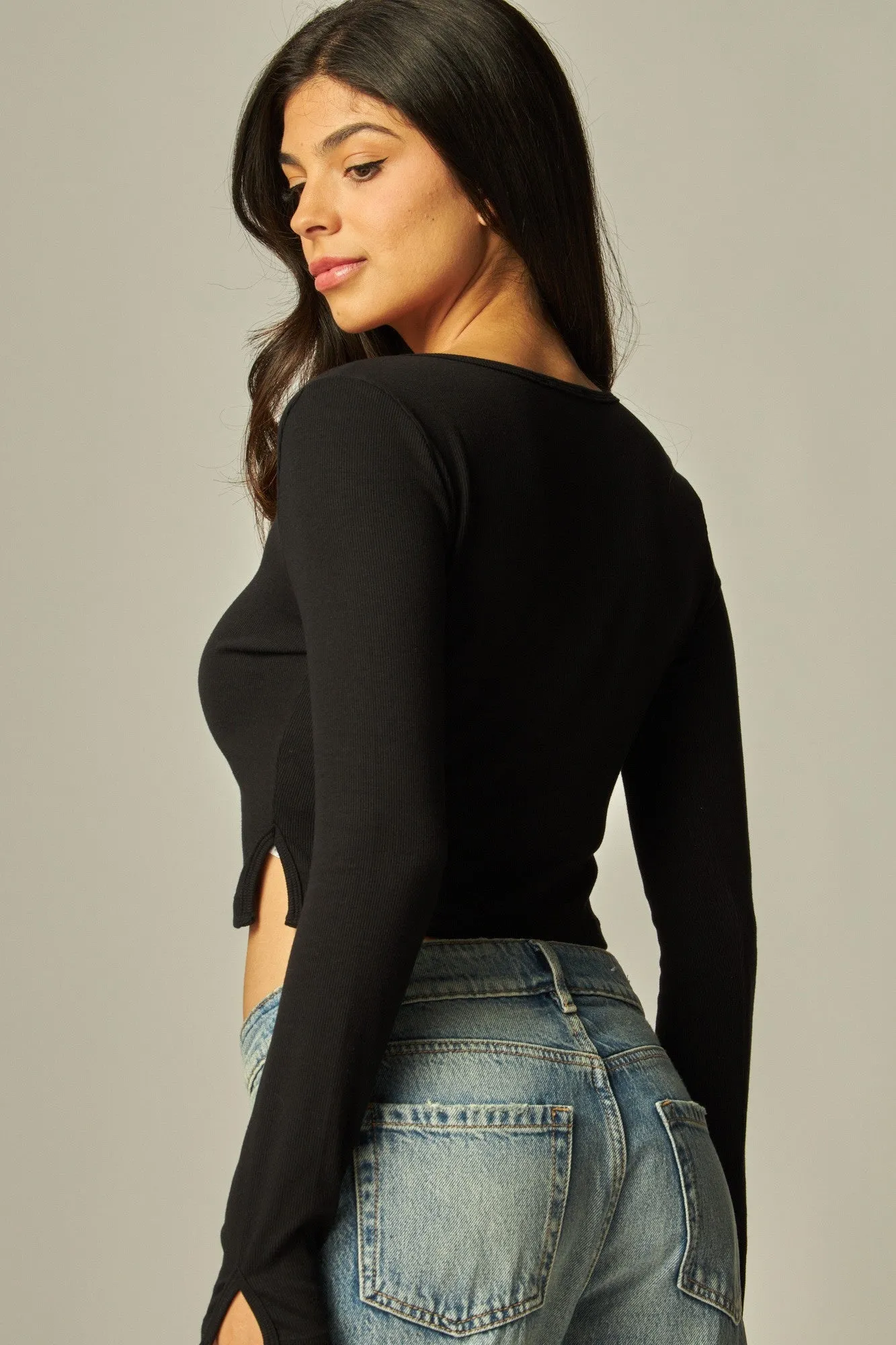 Long Sleeve Peek-a-boo Slit Button Up Cardigan Top - In 3 Colors