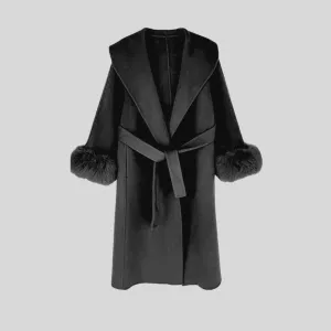 Luxurious Cashmere Long Coat With Fox Fur Cuffs - Black