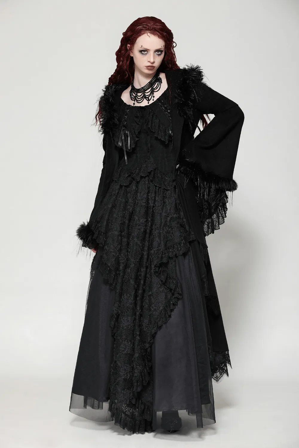 Luxurious Lace-Trimmed Gothic Hooded Coat for Women