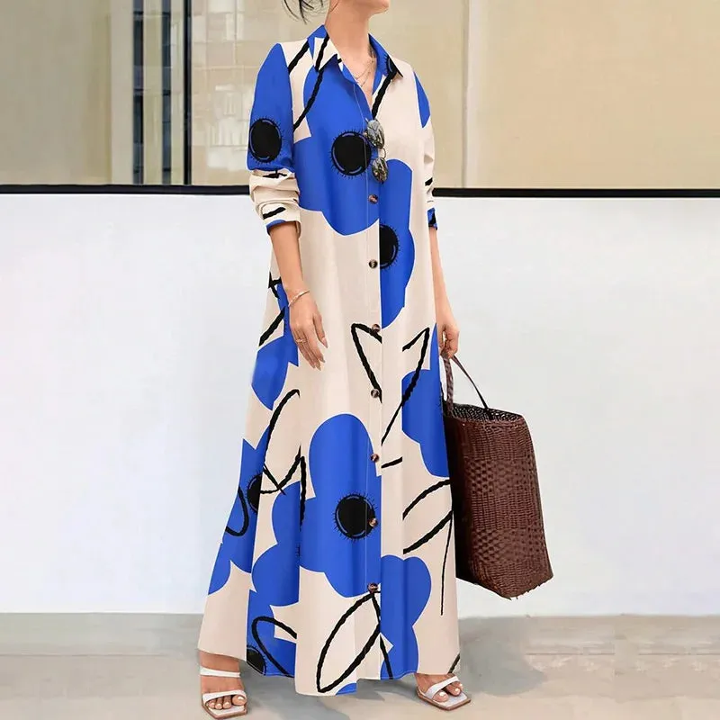 LVSANW Women's Long Sleeve Button Front Printed Mid-Length Casual Dress Random Printing, Comfortable And Breathable Shirt Dresses