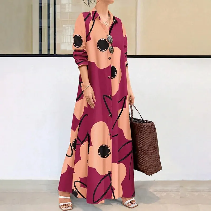 LVSANW Women's Long Sleeve Button Front Printed Mid-Length Casual Dress Random Printing, Comfortable And Breathable Shirt Dresses