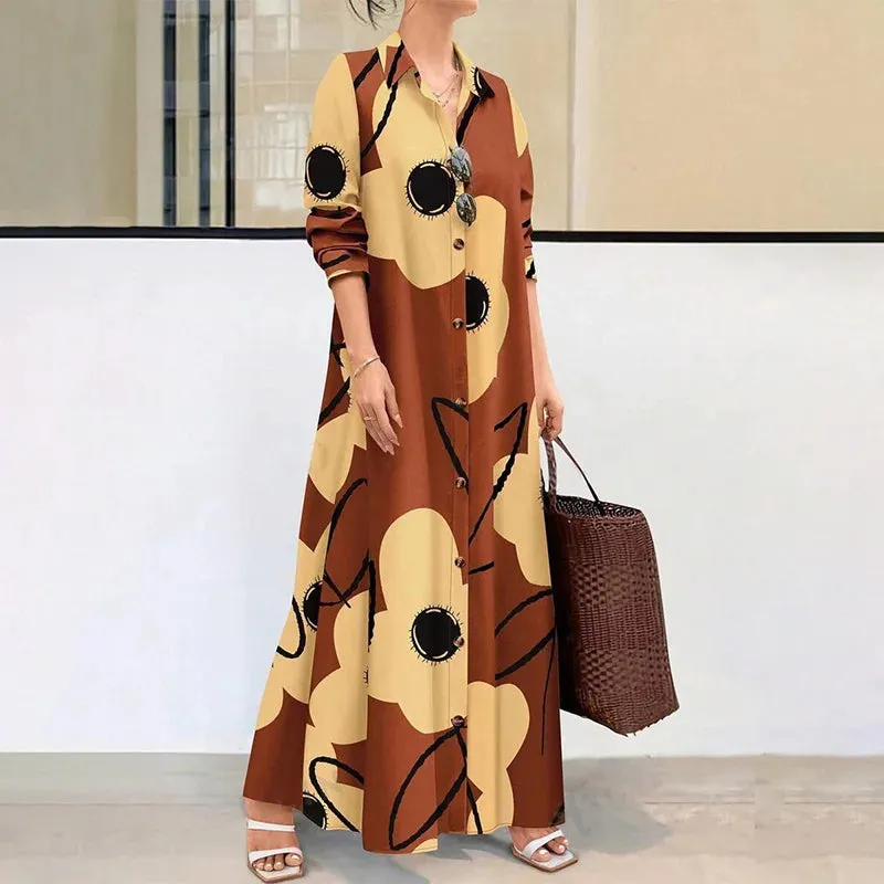 LVSANW Women's Long Sleeve Button Front Printed Mid-Length Casual Dress Random Printing, Comfortable And Breathable Shirt Dresses