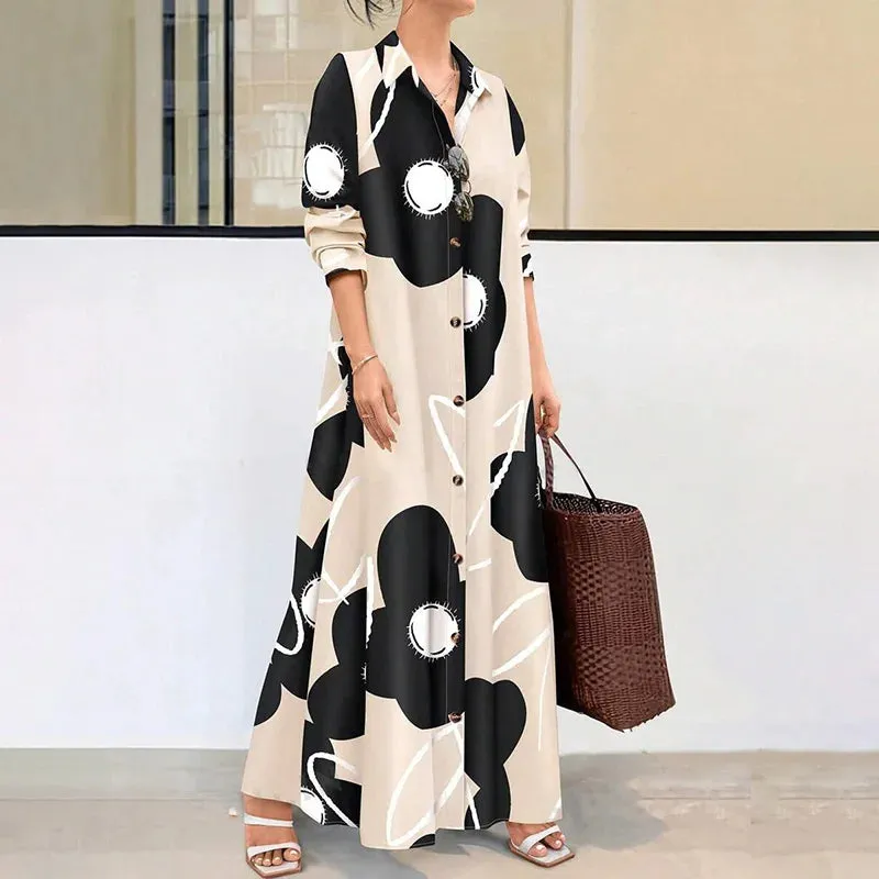 LVSANW Women's Long Sleeve Button Front Printed Mid-Length Casual Dress Random Printing, Comfortable And Breathable Shirt Dresses