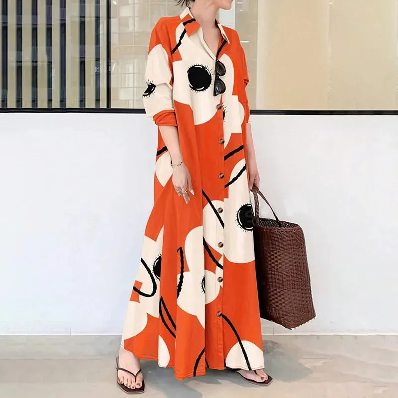LVSANW Women's Long Sleeve Button Front Printed Mid-Length Casual Dress Random Printing, Comfortable And Breathable Shirt Dresses