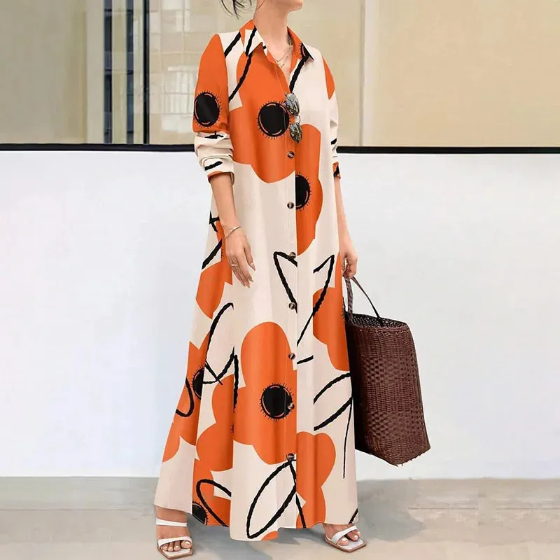 LVSANW Women's Long Sleeve Button Front Printed Mid-Length Casual Dress Random Printing, Comfortable And Breathable Shirt Dresses