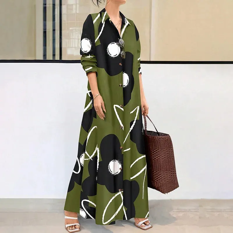 LVSANW Women's Long Sleeve Button Front Printed Mid-Length Casual Dress Random Printing, Comfortable And Breathable Shirt Dresses
