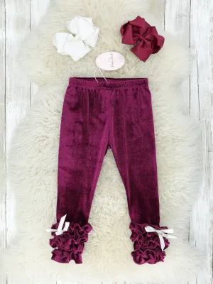 Maroon Velvet Ruffle Leggings