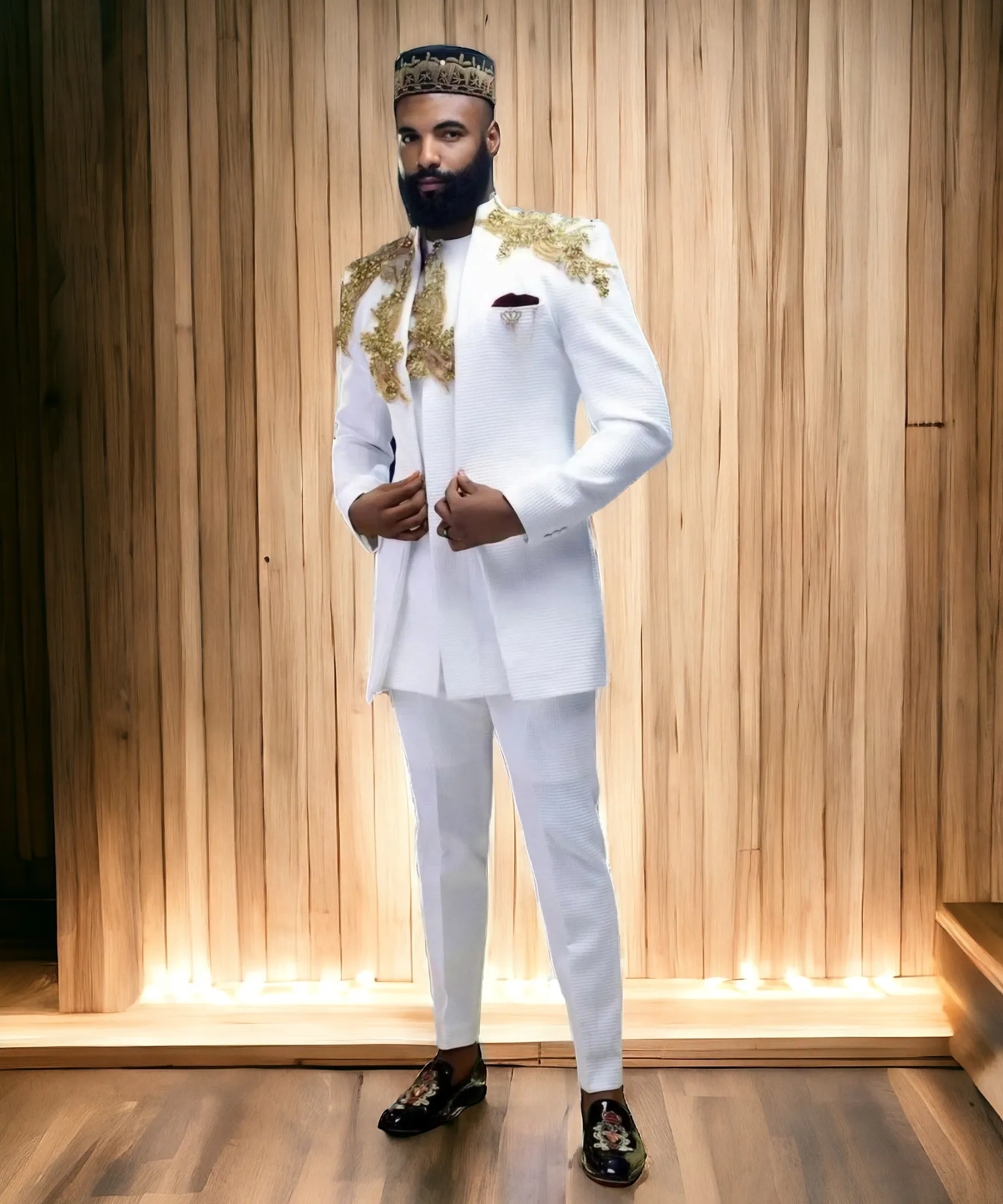 Men's Sovereign Gold Appliques Dashiki 3 Piece Luxury Suit
