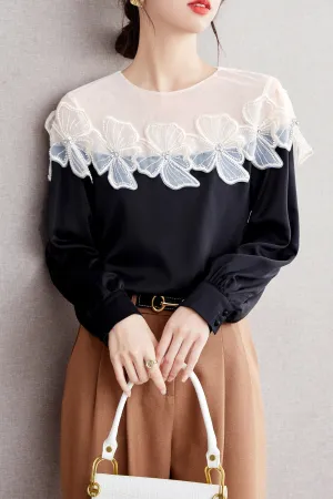Patchwork Tunic Shirt Print Round Neck Blouse