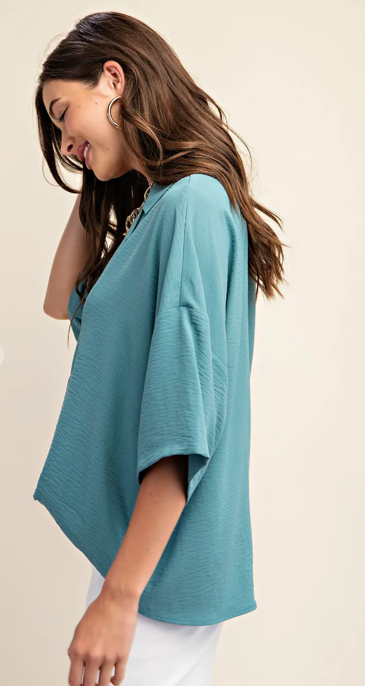 Pull On V-Neck Collared Top