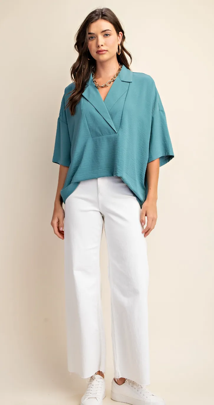 Pull On V-Neck Collared Top