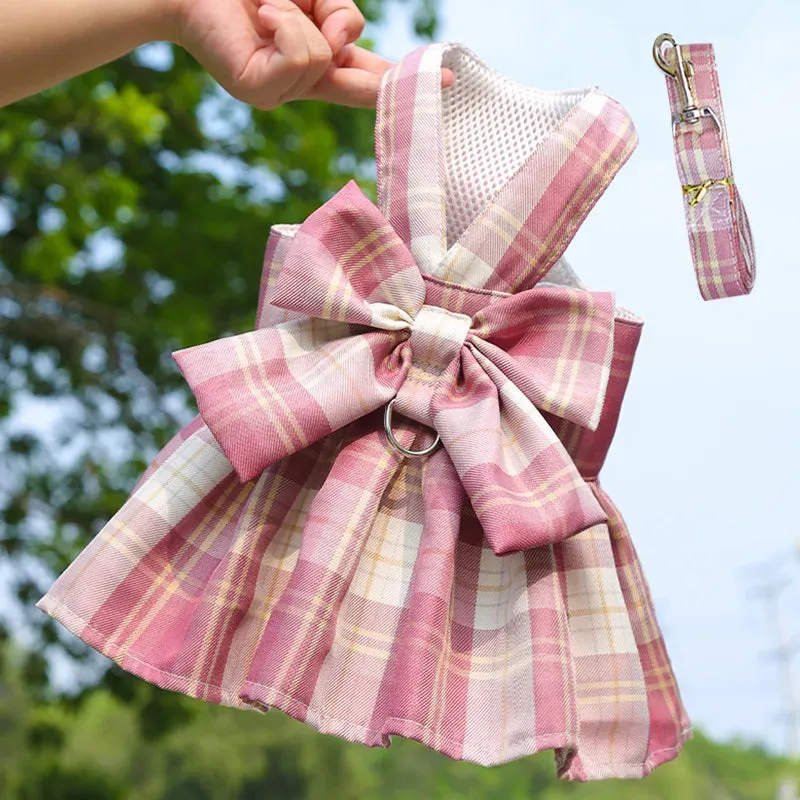 Rabbit JK Dresses and Leash Sets Mesh Plaid Pet Vest Harness for Cats Bunny Summer Small Animals Clothes Rabbits Accessories