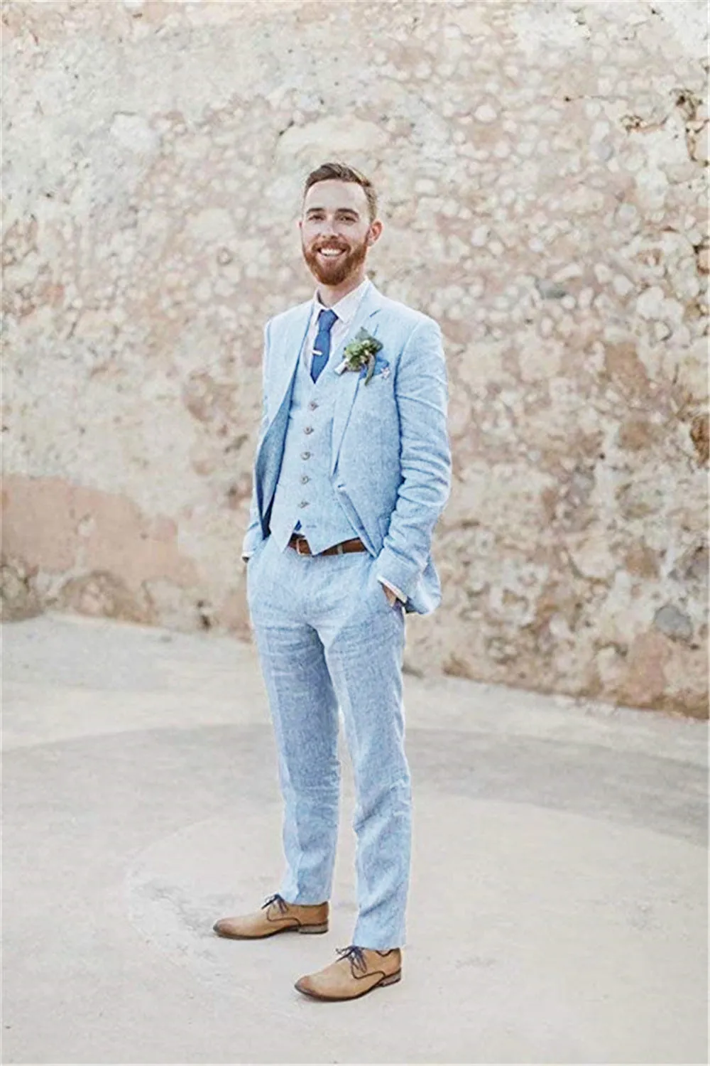 Retro Linen Beach Wedding Summer 3 Pieces Men Suits