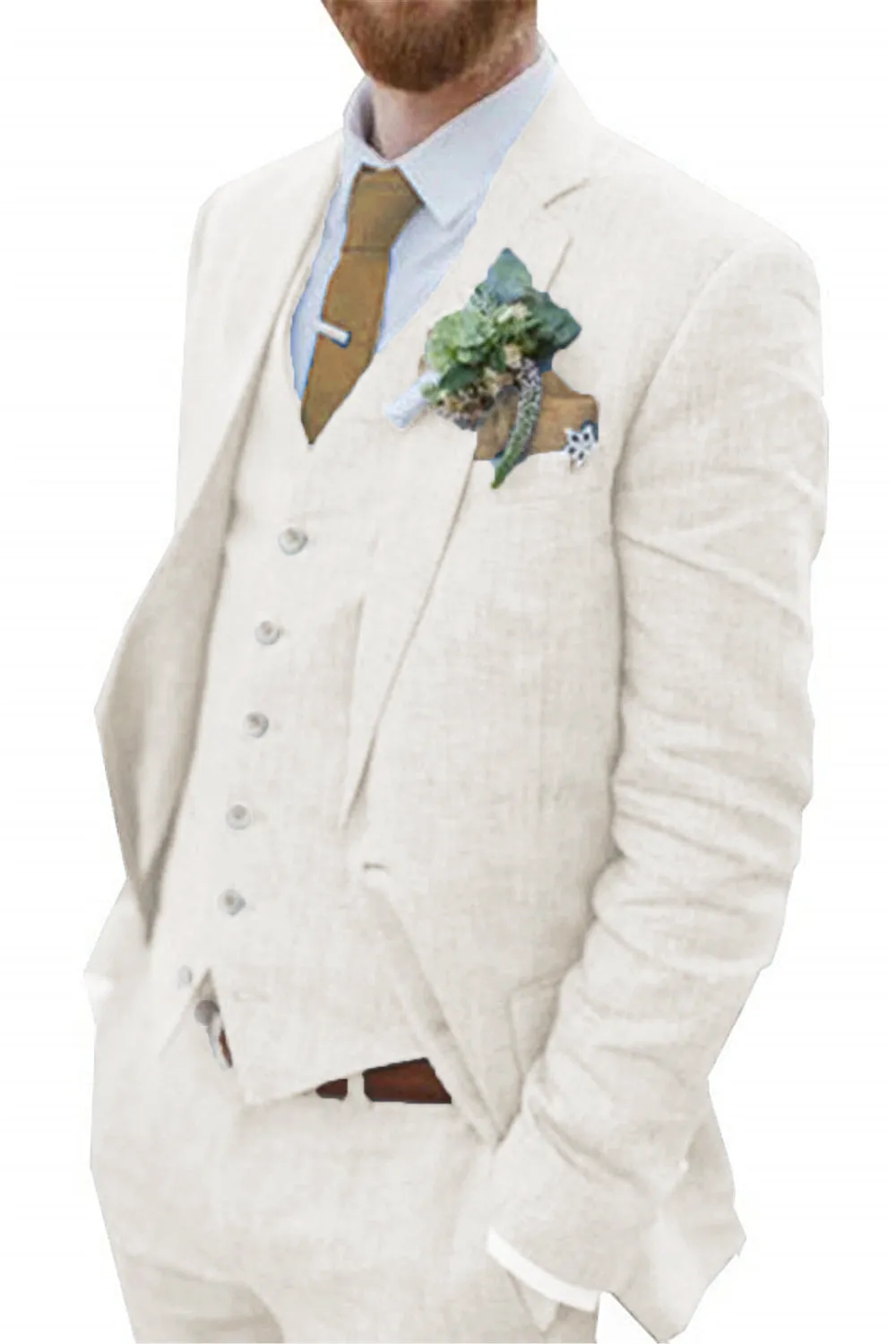 Retro Linen Beach Wedding Summer 3 Pieces Men Suits