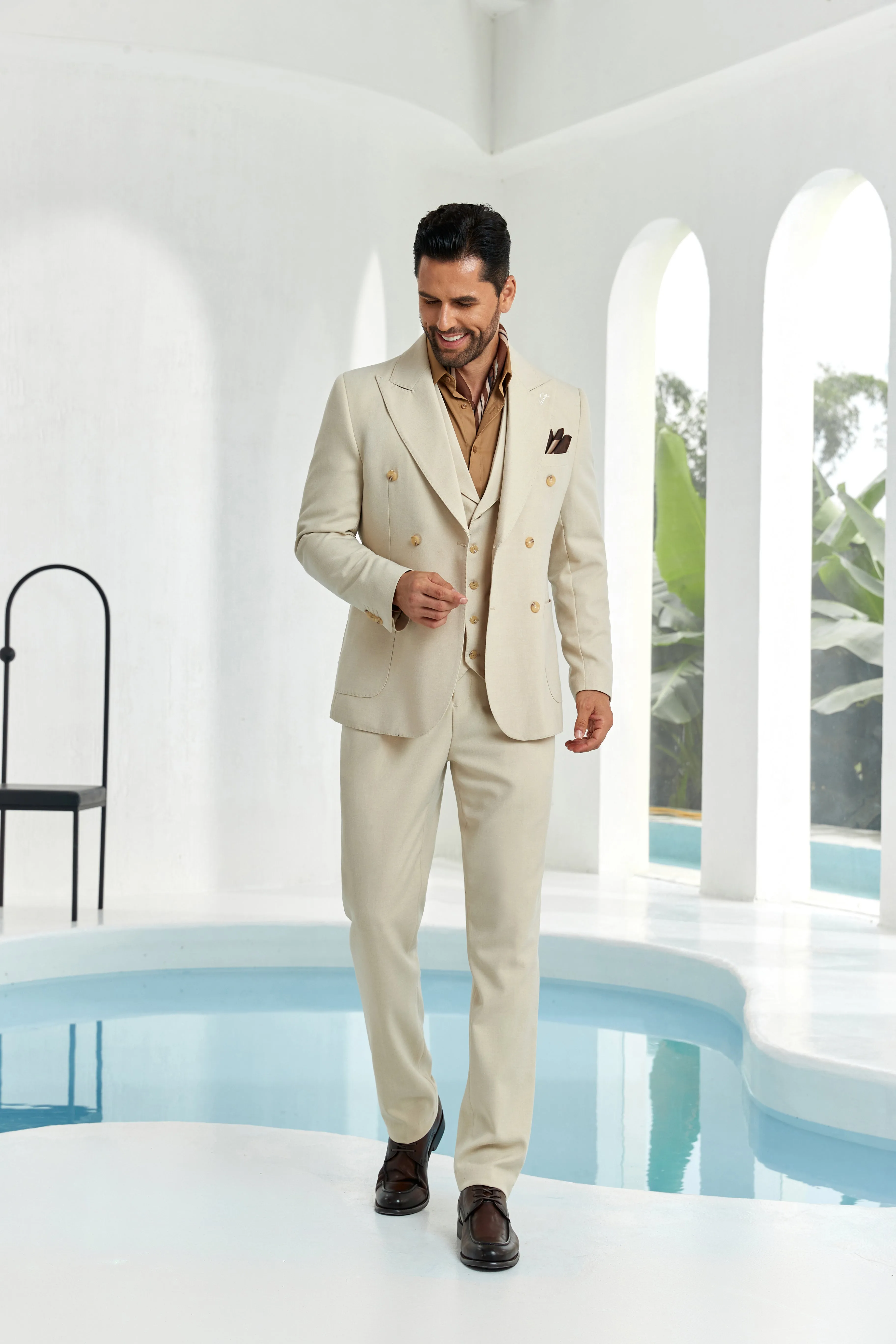 Simple White Peak Lapel Double Breasted 3 Pieces Men Suits 2553