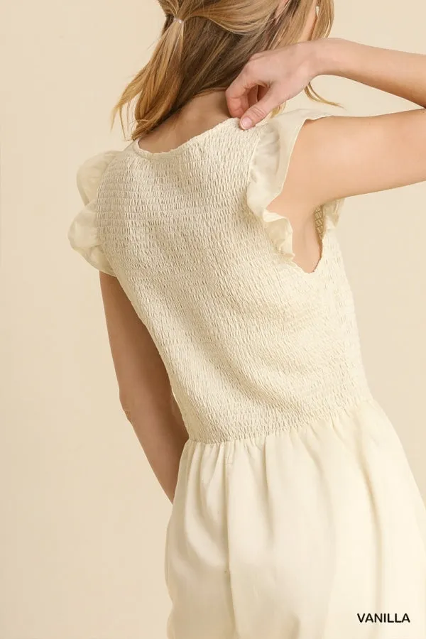 Smocked Voile Round Neck Midi Short Ruffle Sleeves Dress