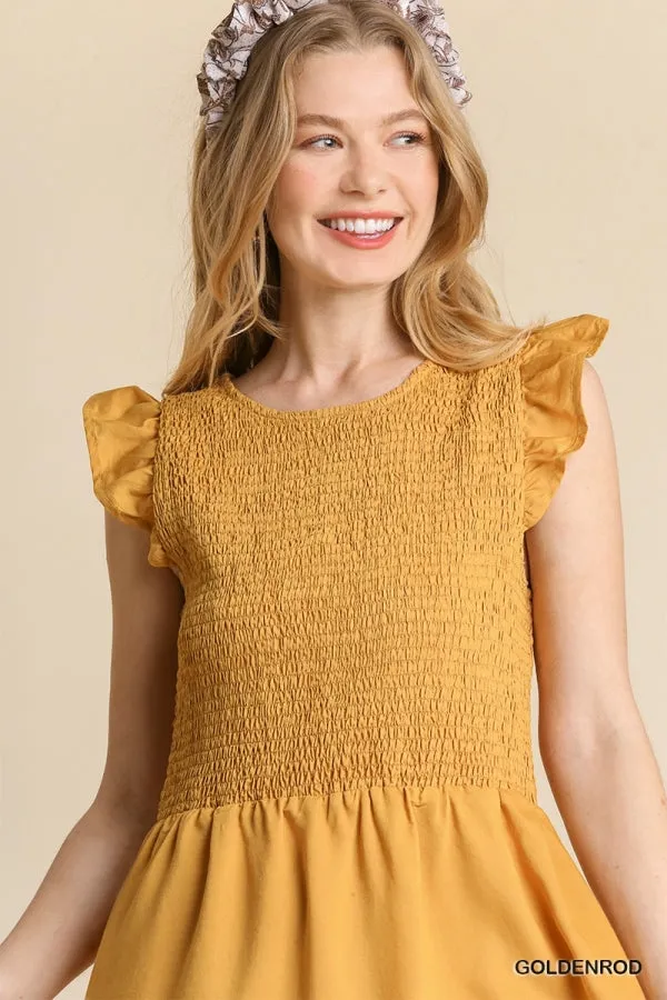 Smocked Voile Round Neck Midi Short Ruffle Sleeves Dress