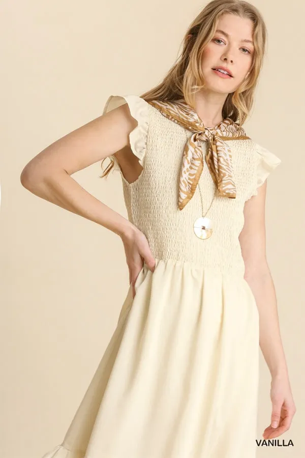 Smocked Voile Round Neck Midi Short Ruffle Sleeves Dress