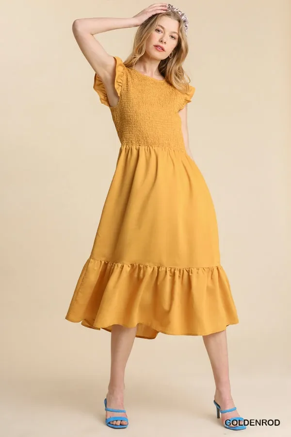 Smocked Voile Round Neck Midi Short Ruffle Sleeves Dress