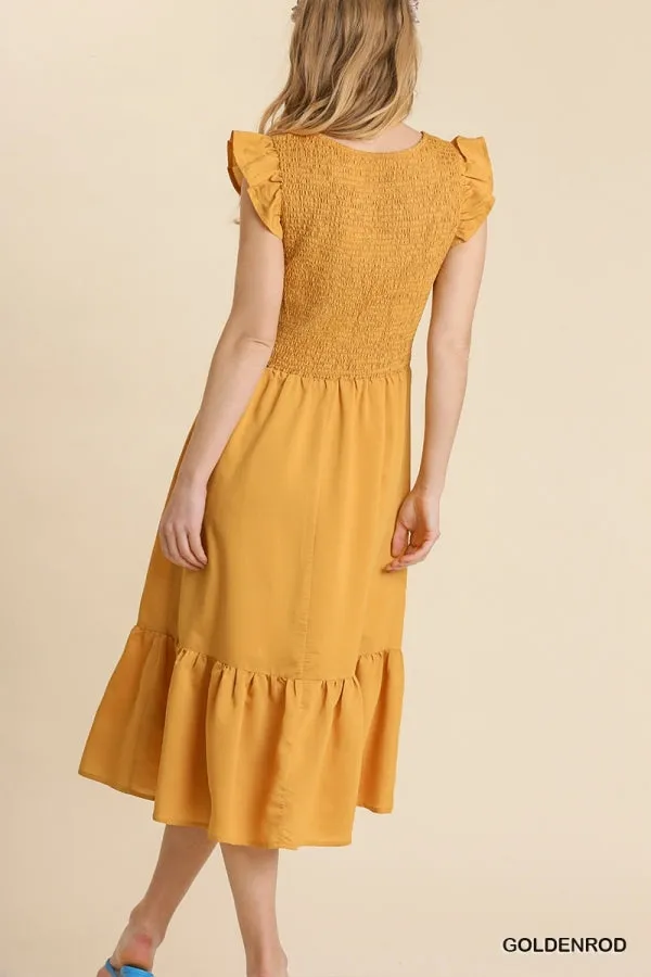 Smocked Voile Round Neck Midi Short Ruffle Sleeves Dress